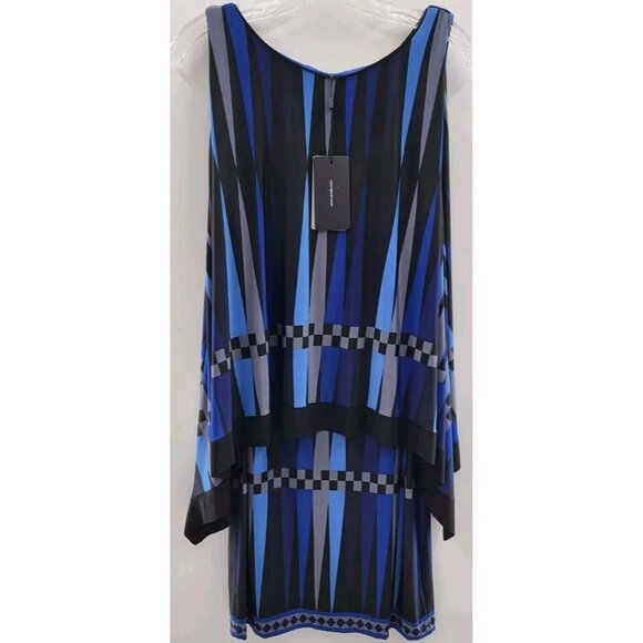 Analili Floating‎ Drape Sleeveless Dress Geometric Pattern Blue And Black Size M - Picture 1 of 7
